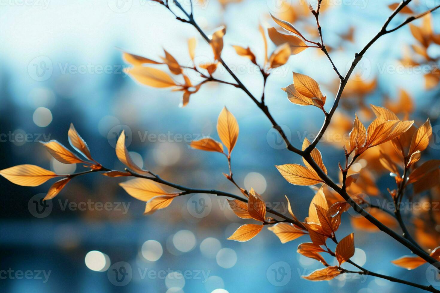 Serene autumn landscape, tree leaves dance against the blue sky AI Generated photo