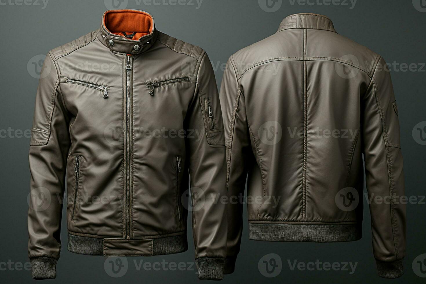 Grey background, front and back view of blank leather jacket AI Generated photo