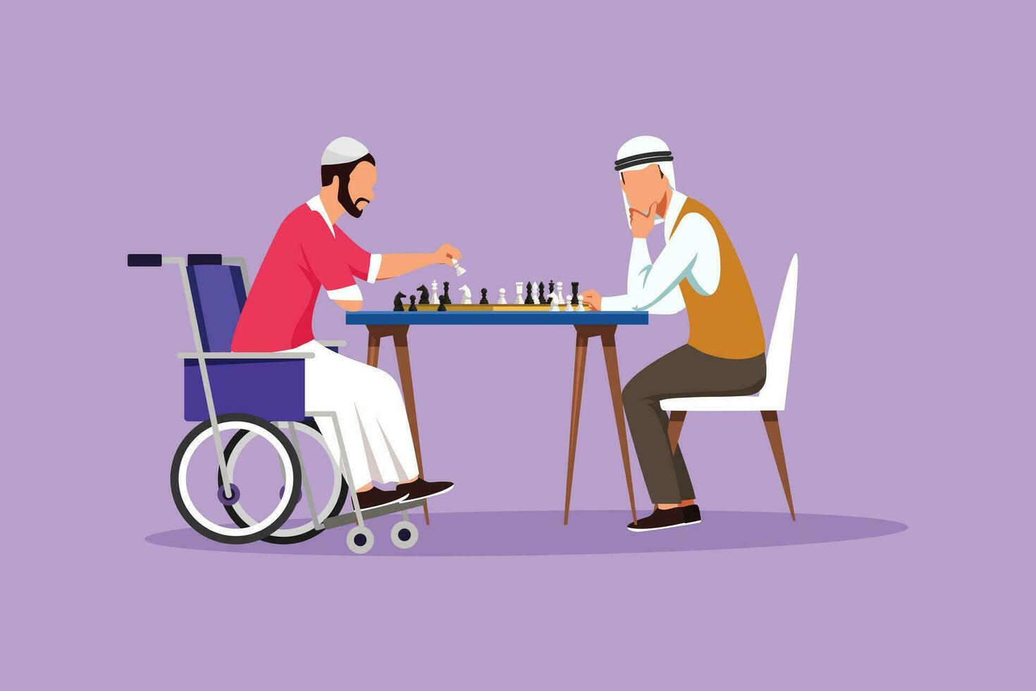 Cartoon flat style drawing disabled Arab man in wheelchair plays chess with friend. People on social adaptation, hobby, tolerance, inclusive accessibility diversity. Graphic design vector illustration