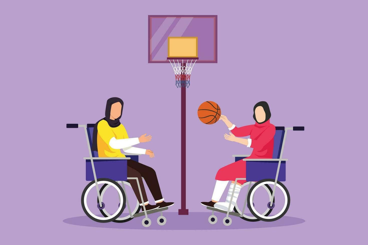 gráfico plano diseño dibujo alegre discapacitado joven árabe mujer en silla de ruedas jugando baloncesto. adaptado Deportes para discapacitado gente. social responsabilidad concepto. dibujos animados estilo vector ilustración