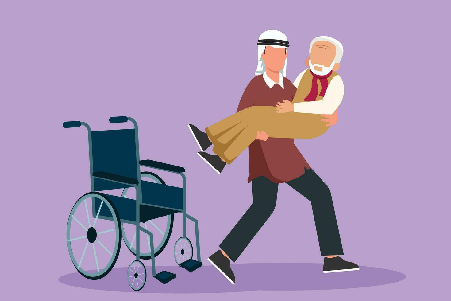 Cartoon flat style drawing of loving Arabian son took his old disabled father from wheelchair carrying him in his arms. Happy senior man in hugs of his strong child. Graphic design vector illustration