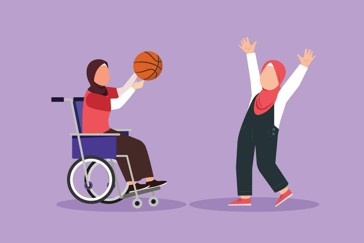 Graphic flat design drawing happy disabled people playing basketball. Little Arab girl in wheelchair playing ball with female friend outdoors living active lifestyle. Cartoon style vector illustration