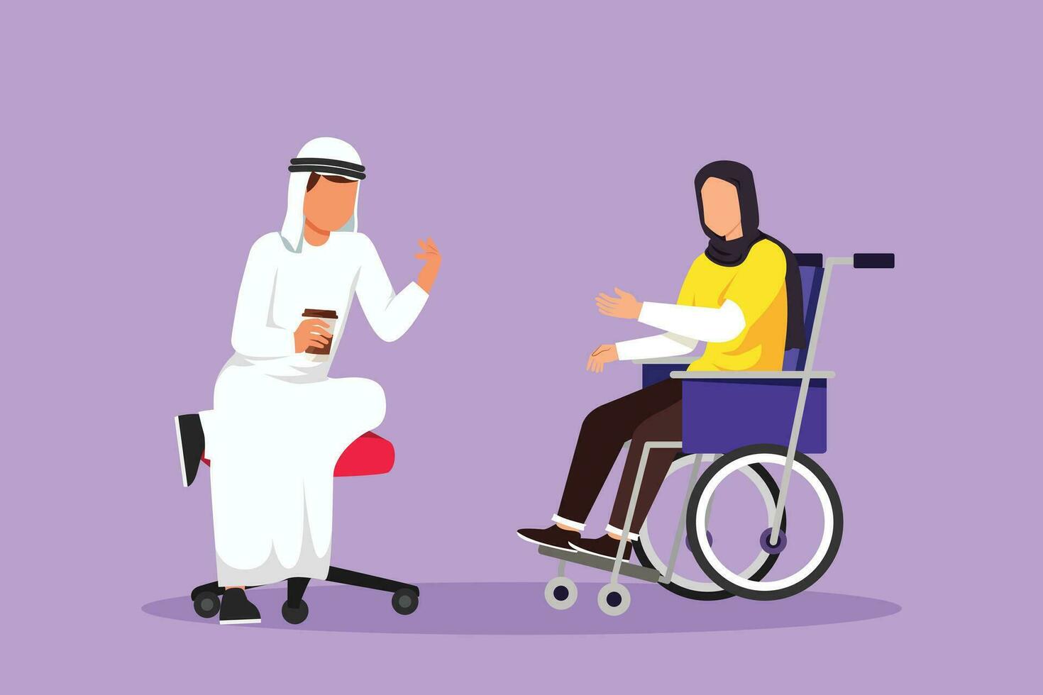 Character flat drawing of two Arab people sitting chatting, one using chair and one using wheelchair. Friendly man and woman talking to each other, disabled society. Cartoon design vector illustration