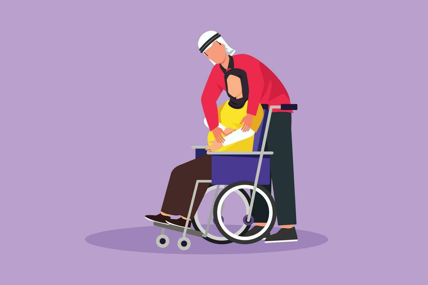 Cartoon flat style drawing Arab male touching belly of disabled