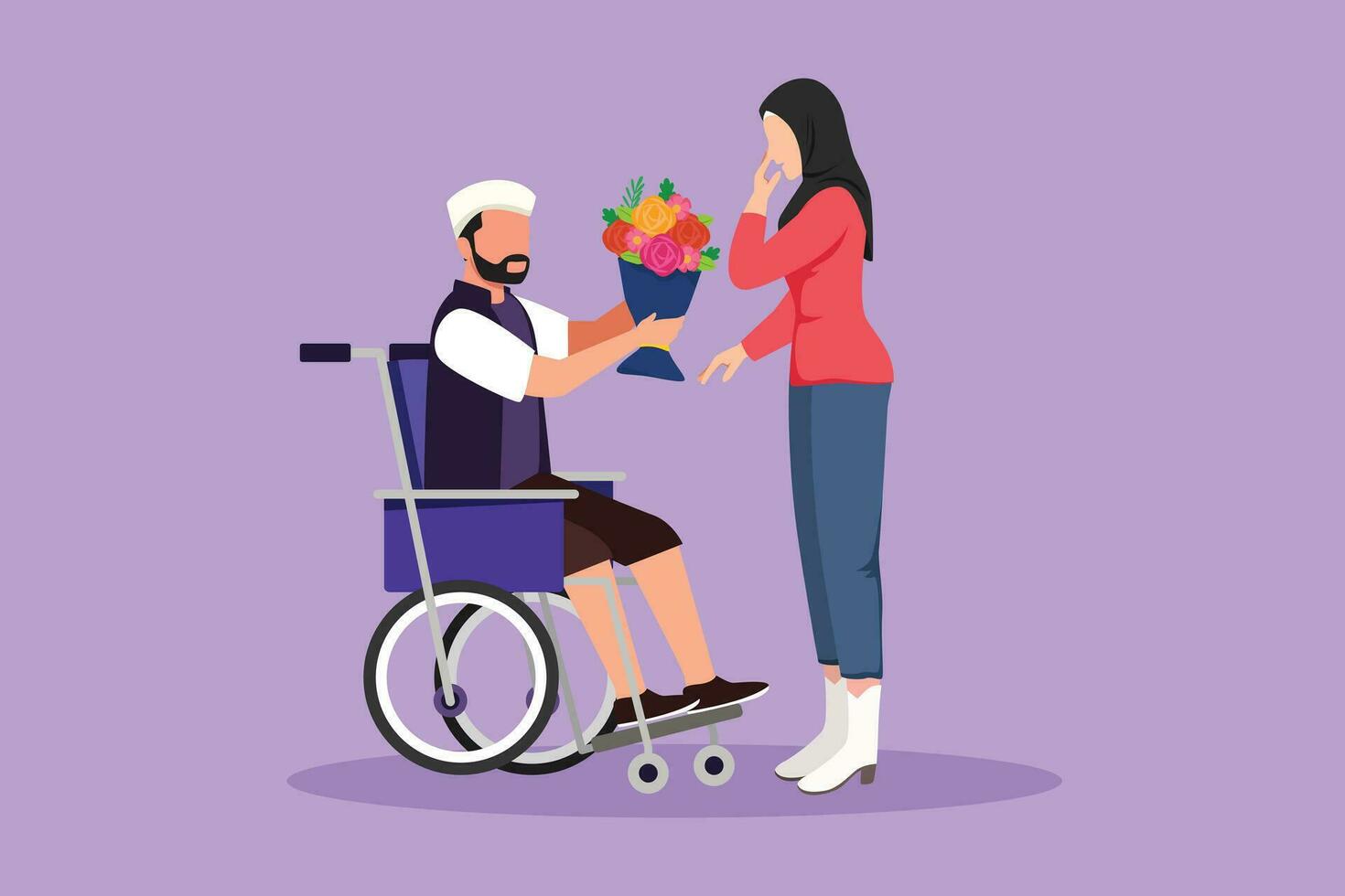 Graphic flat design drawing beautiful Arabian woman and disabled man in wheelchair. Male give bouquet of flower to female. Family support. Disability rehabilitation. Cartoon style vector illustration