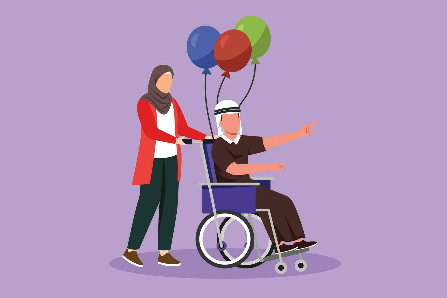 Cartoon flat style drawing disability people concept. Arab woman carries disabled man in wheelchair. Accessibility, rehabilitation invalid person, people activities. Graphic design vector illustration