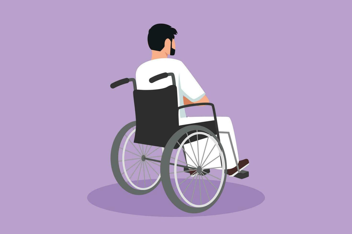Graphic flat design drawing back view of lonely old Arab man sitting on wheelchair, looking at distant dry autumn leaves in outside. Lonely forlorn desolate lonesome. Cartoon style vector illustration