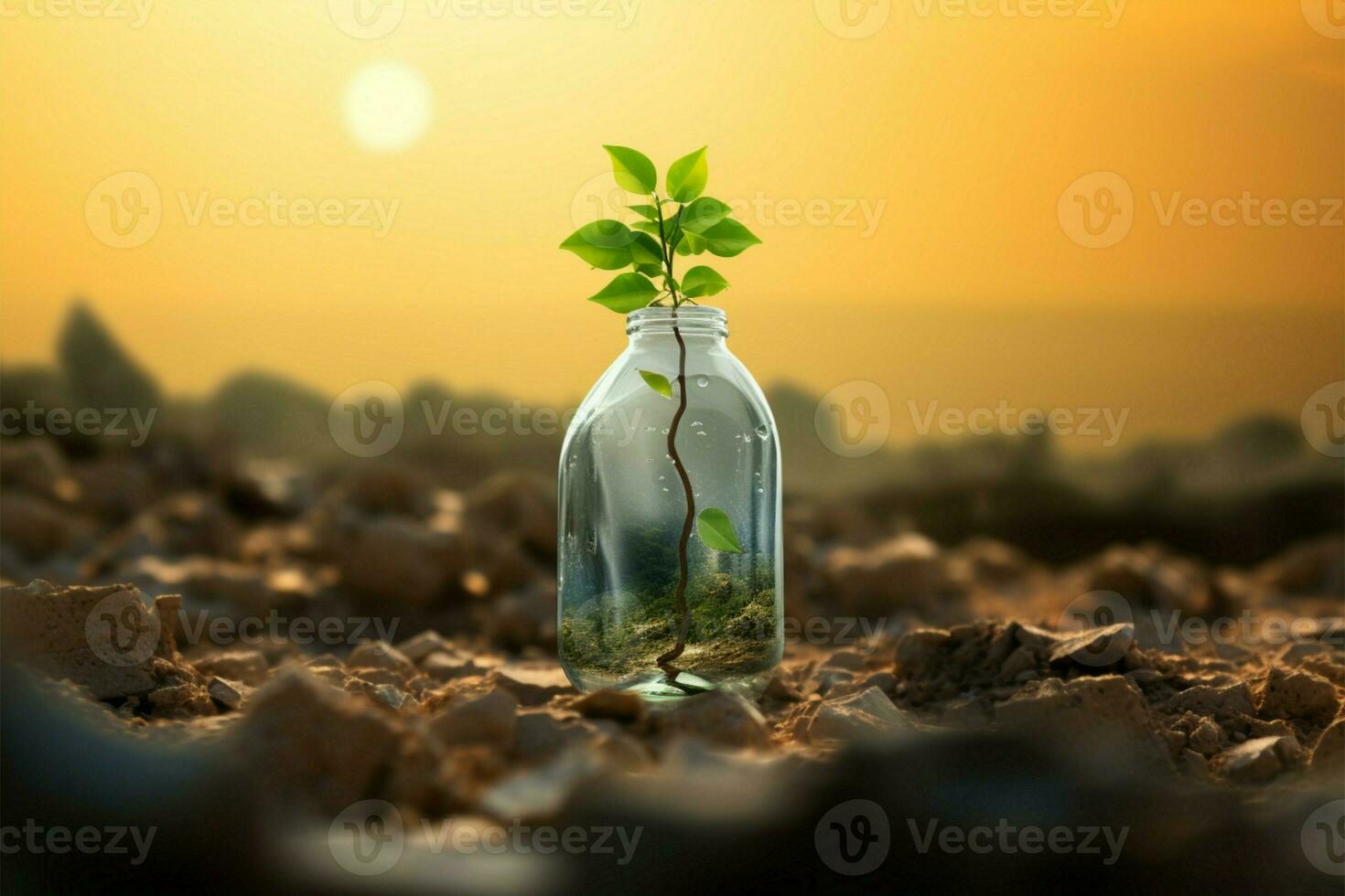 Climate change concept, A green tree amidst plastic bottle and parched soil AI Generated photo