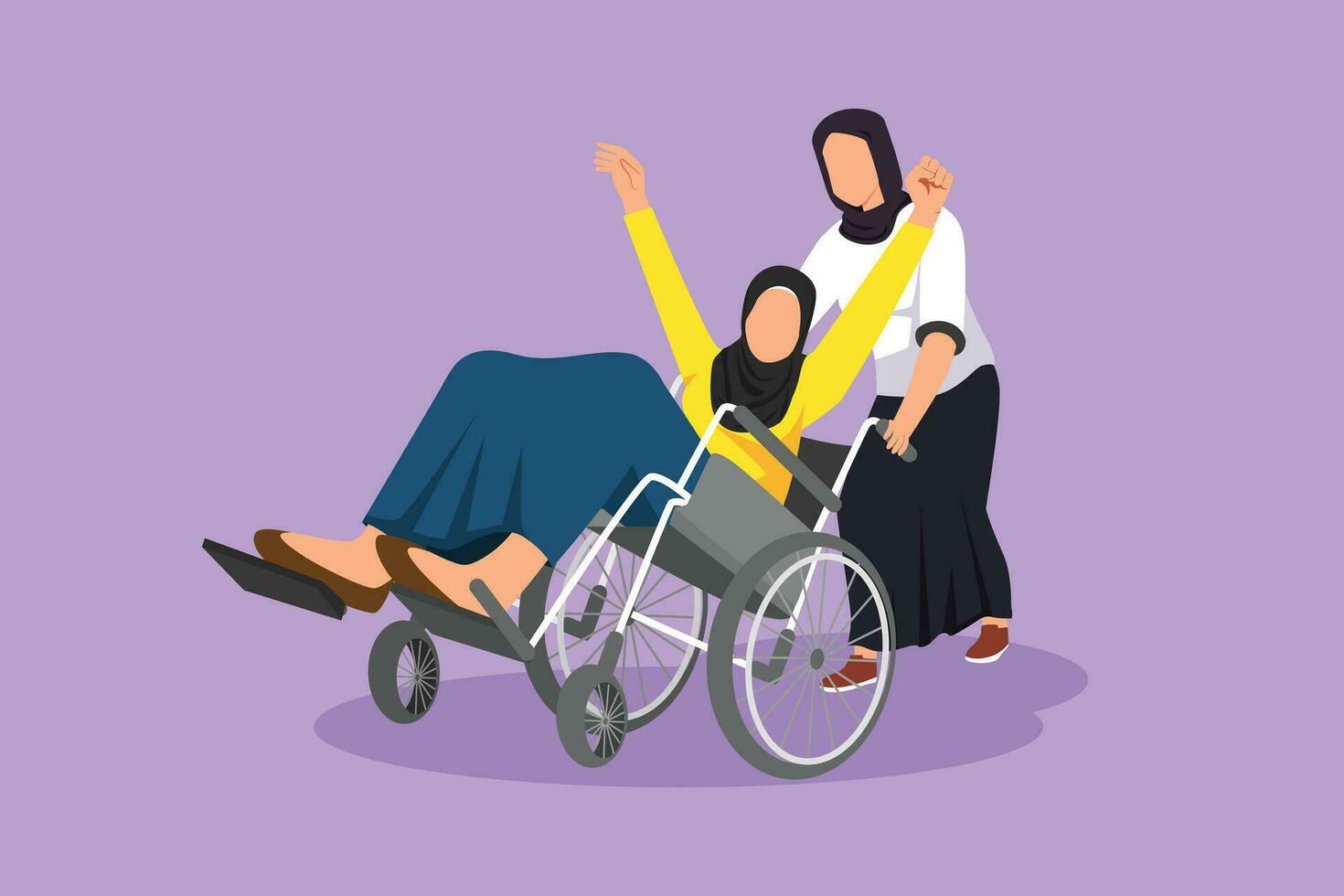 Graphic flat design drawing young beautiful Arab female volunteer helps disabled old woman, riding on wheelchair in park. Family care, volunteerism, disability care. Cartoon style vector illustration