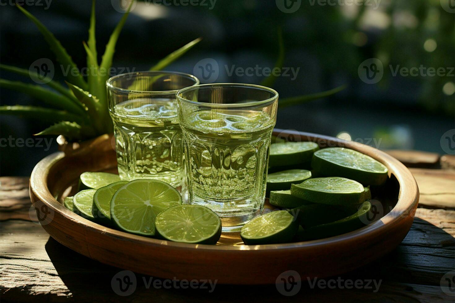 áloe hojas y jugo en terroso madera ai generado foto