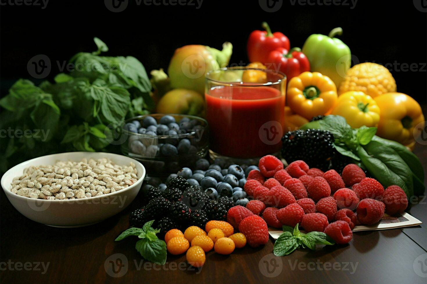 Nutritionism in action Fresh vegetables and fruits alongside a diet plan report AI Generated photo