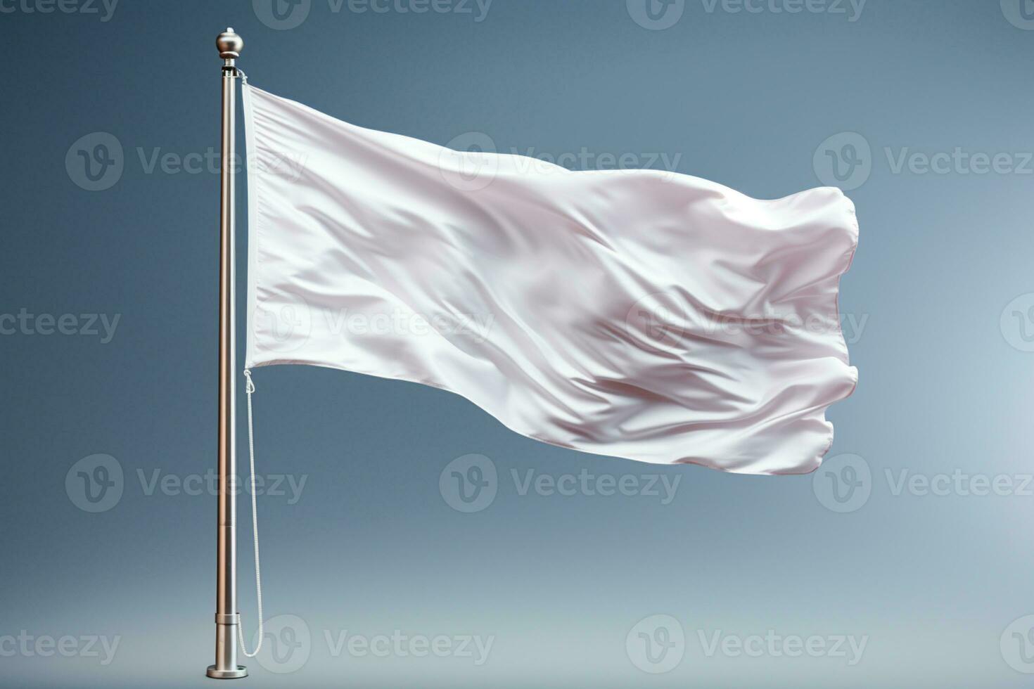 White flag waving in the wind on flagpole, isolated on gray background, closeup AI Generated photo