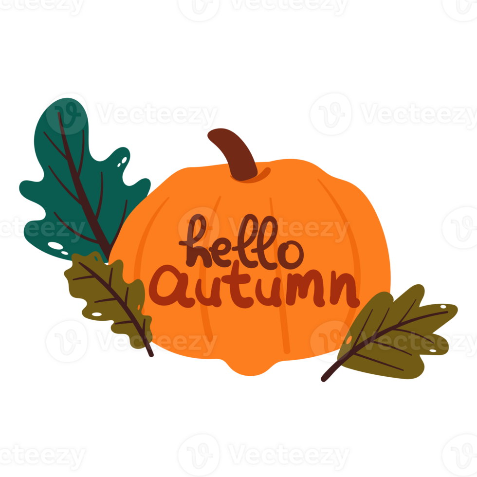 hand drawing cartoon pumpkin with autumn leaves. cute fall autumn decor element sticker. design for card, print png