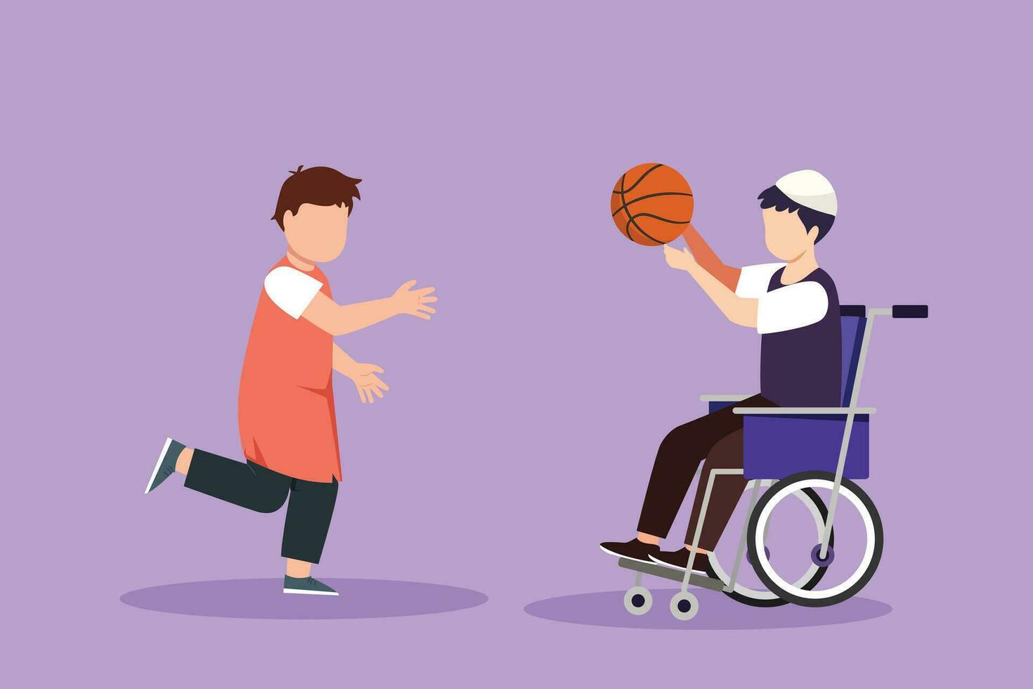 Graphic flat design drawing happy lifestyle of disabled people concept. Little Arab boy in wheelchair playing ball with male friend outdoors living active lifestyle. Cartoon style vector illustration