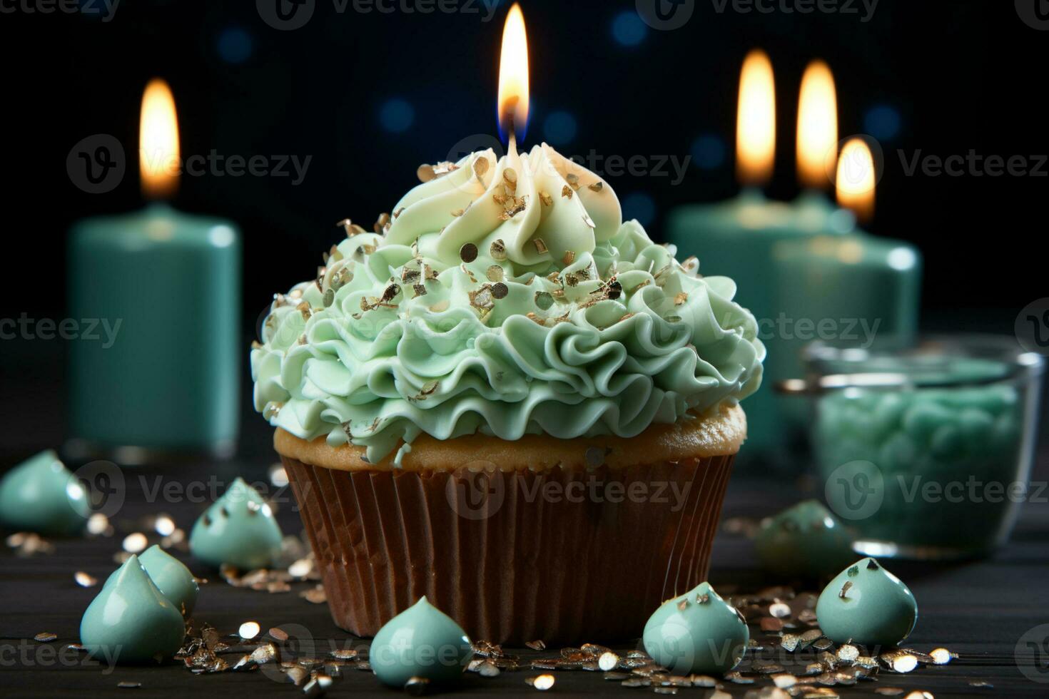 Cupcake adorned with blue candle, yellow cream, and a love filled red heart AI Generated photo