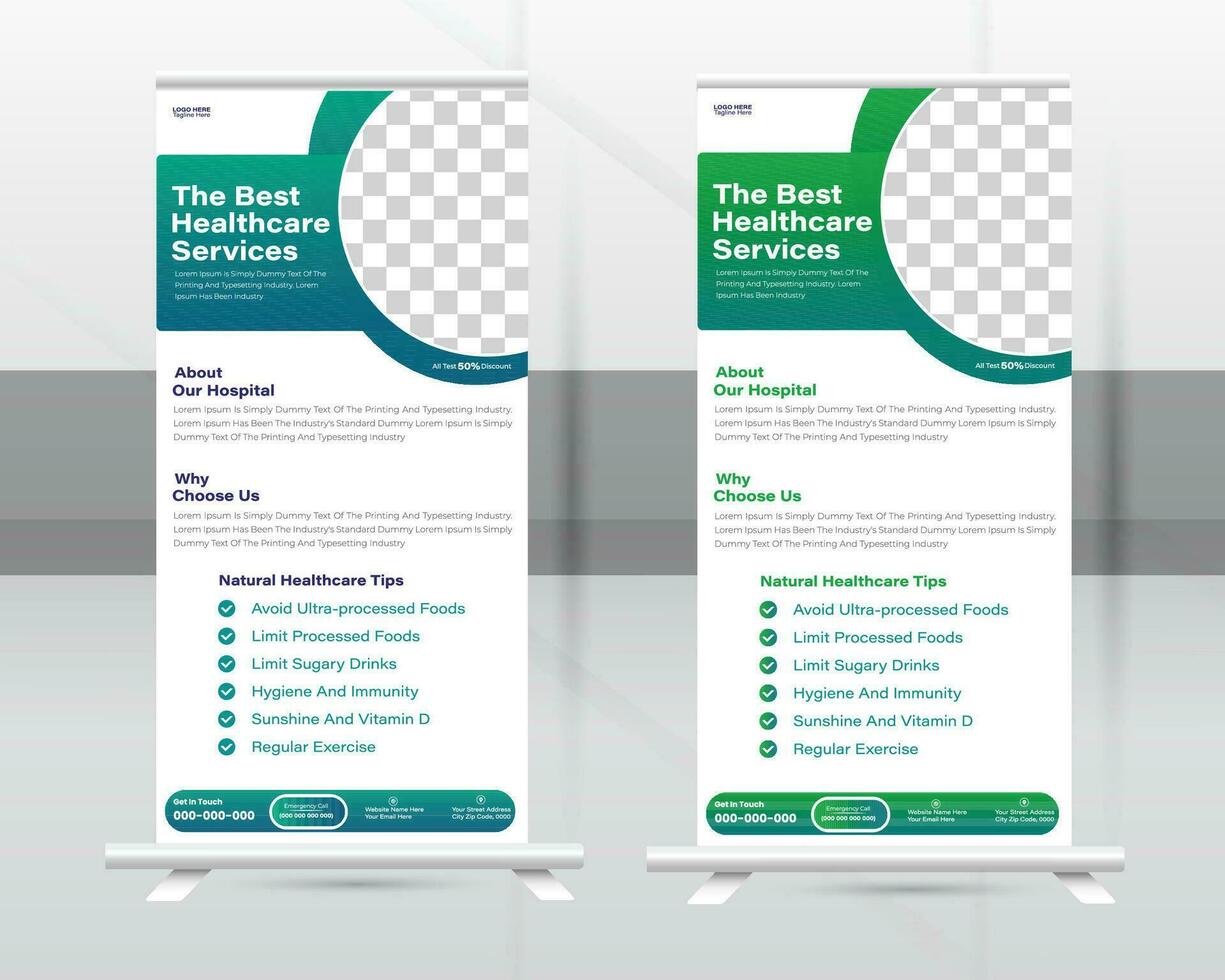 Medical Roll-up Banner Design Or Healthcare and Dl Flyer Design Template. vector