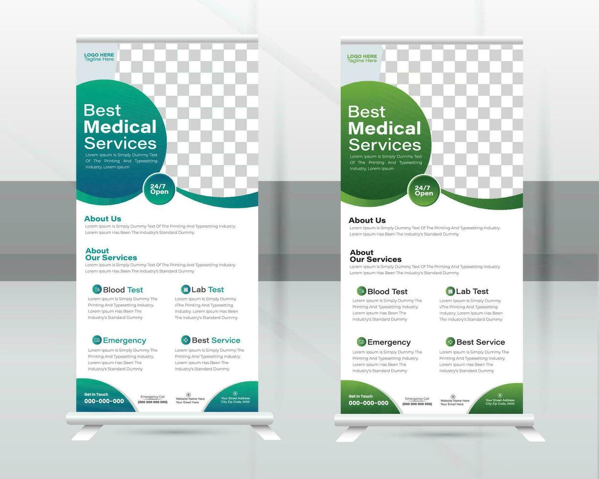 Medical Roll-up Banner Design Or Healthcare and Dl Flyer Design Template. vector