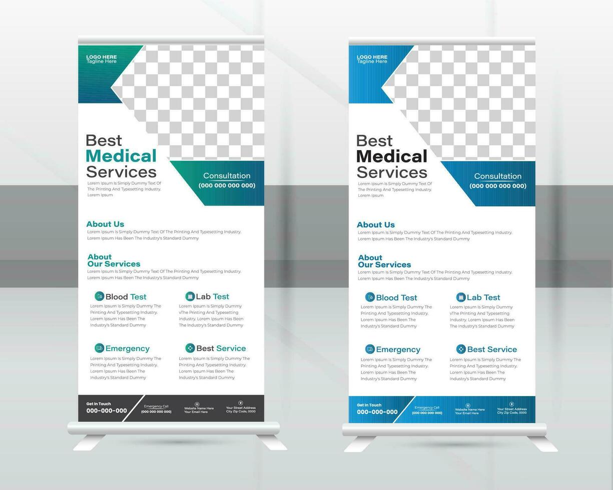 Medical Roll-up Banner Design Or Healthcare and Dl Flyer Design Template. vector