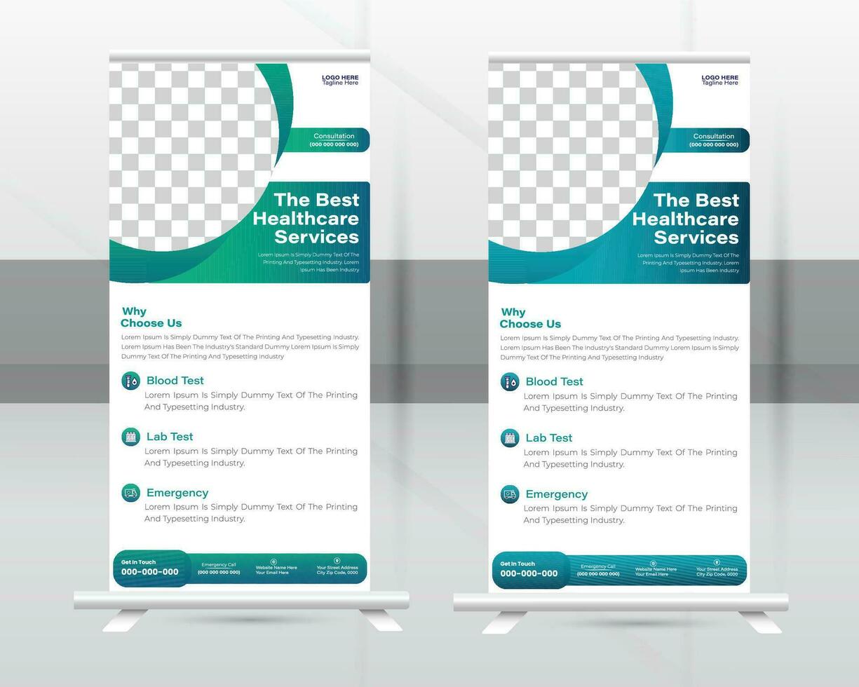 Medical Roll-up Banner Design Or Healthcare and Dl Flyer Design Template. vector