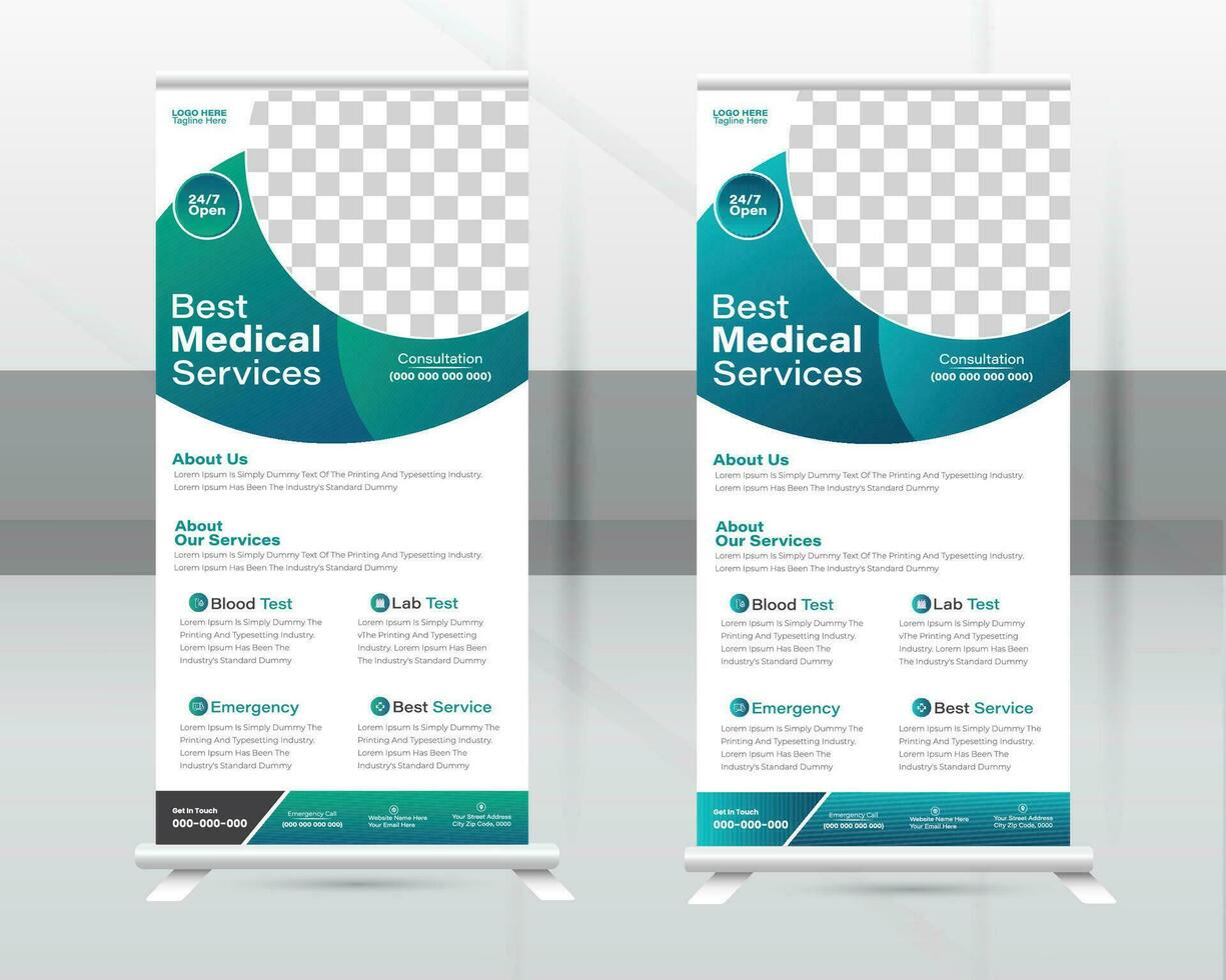 Medical Roll-up Banner Design Or Healthcare and Dl Flyer Design Template. vector