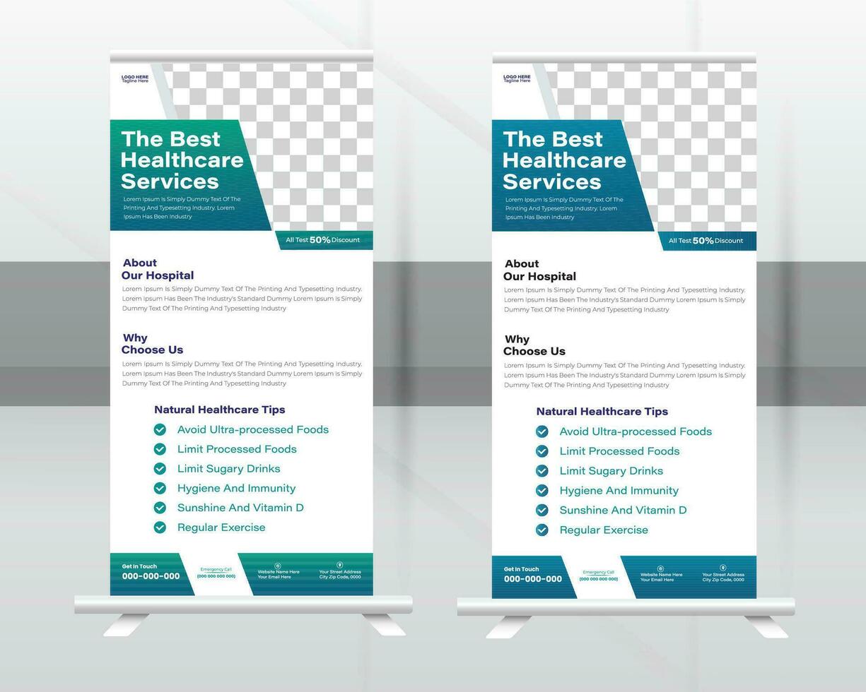 Medical Roll-up Banner Design Or Healthcare and Dl Flyer Design Template. vector