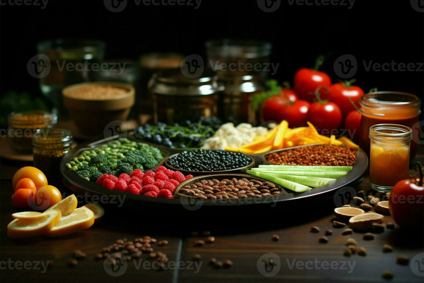 Nutrition and diet plan harmoniously blend with fresh vegetables and fruits AI Generated photo