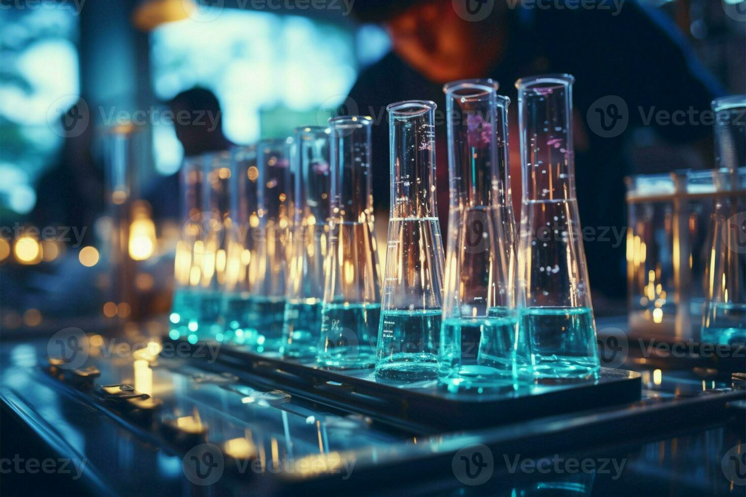 Science lab scene with a pipette dispensing blue chemical into glass test tubes AI Generated photo