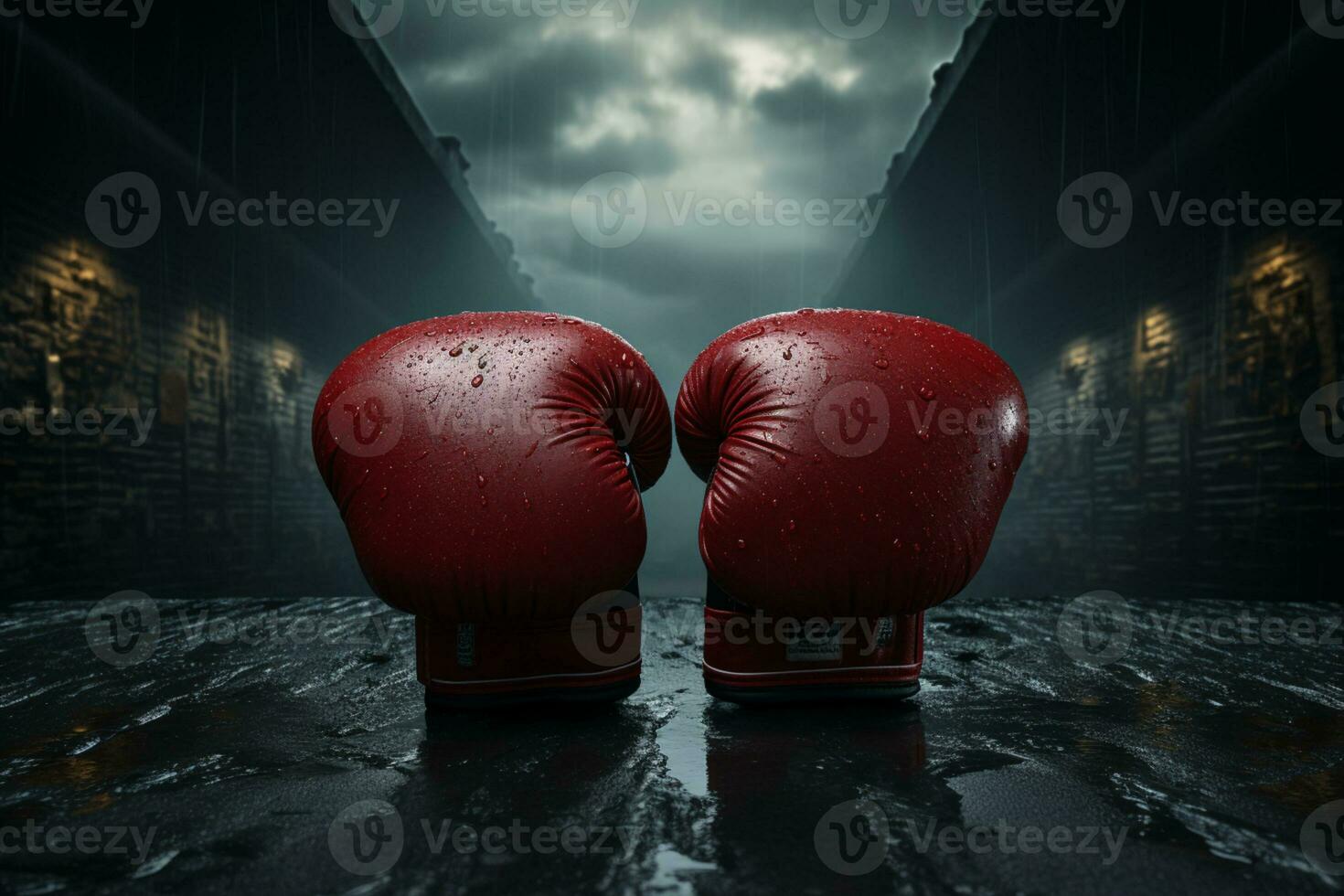 Dramatic boxing gloves poster, text room on sides AI Generated photo