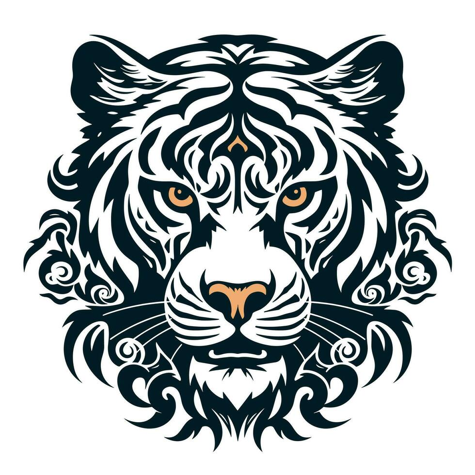 Tiger head in a tribal style. Monochrome vector illustration isolated on a white background.