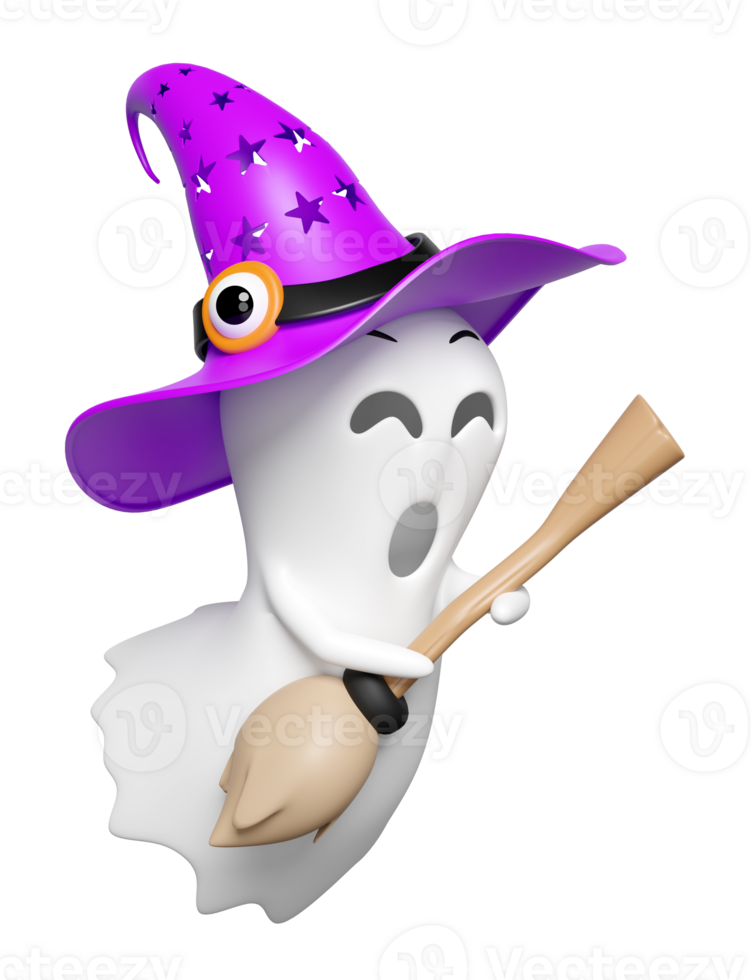 3d Halloween journée concept avec mignonne fantôme en volant, sorcière chapeau, baguette magique isolé sur rose Contexte. vacances faire la fête, 3d rendre illustration png