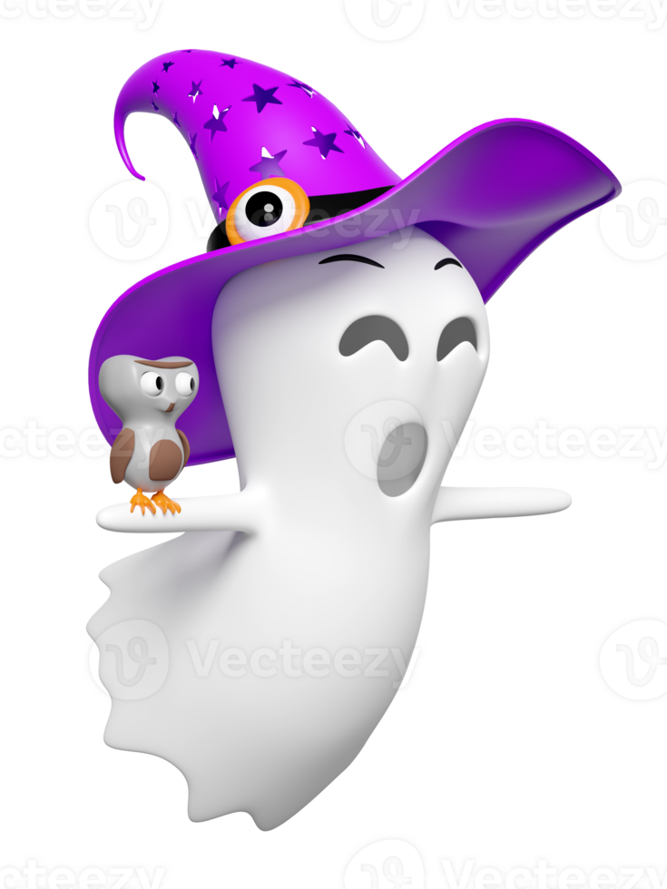 3d halloween day concept with cute ghost flying, witch hat, owl isolated. holiday party, 3d render illustration png
