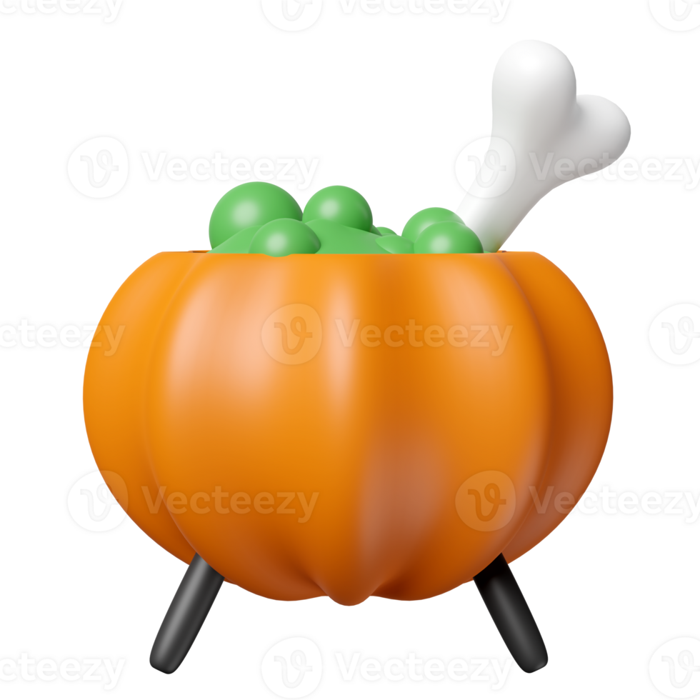 3d halloween holiday party with magic cauldron pumpkin, skeleton isolated.  3d render illustration png