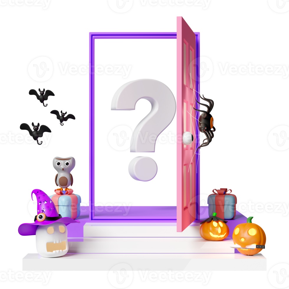 3d halloween holiday party with question mark symbol, carved pumpkin, skull, witch hat, gift box placed on the stairs, spider and spider web on open door, bats, cute owl, 3d render illustration png