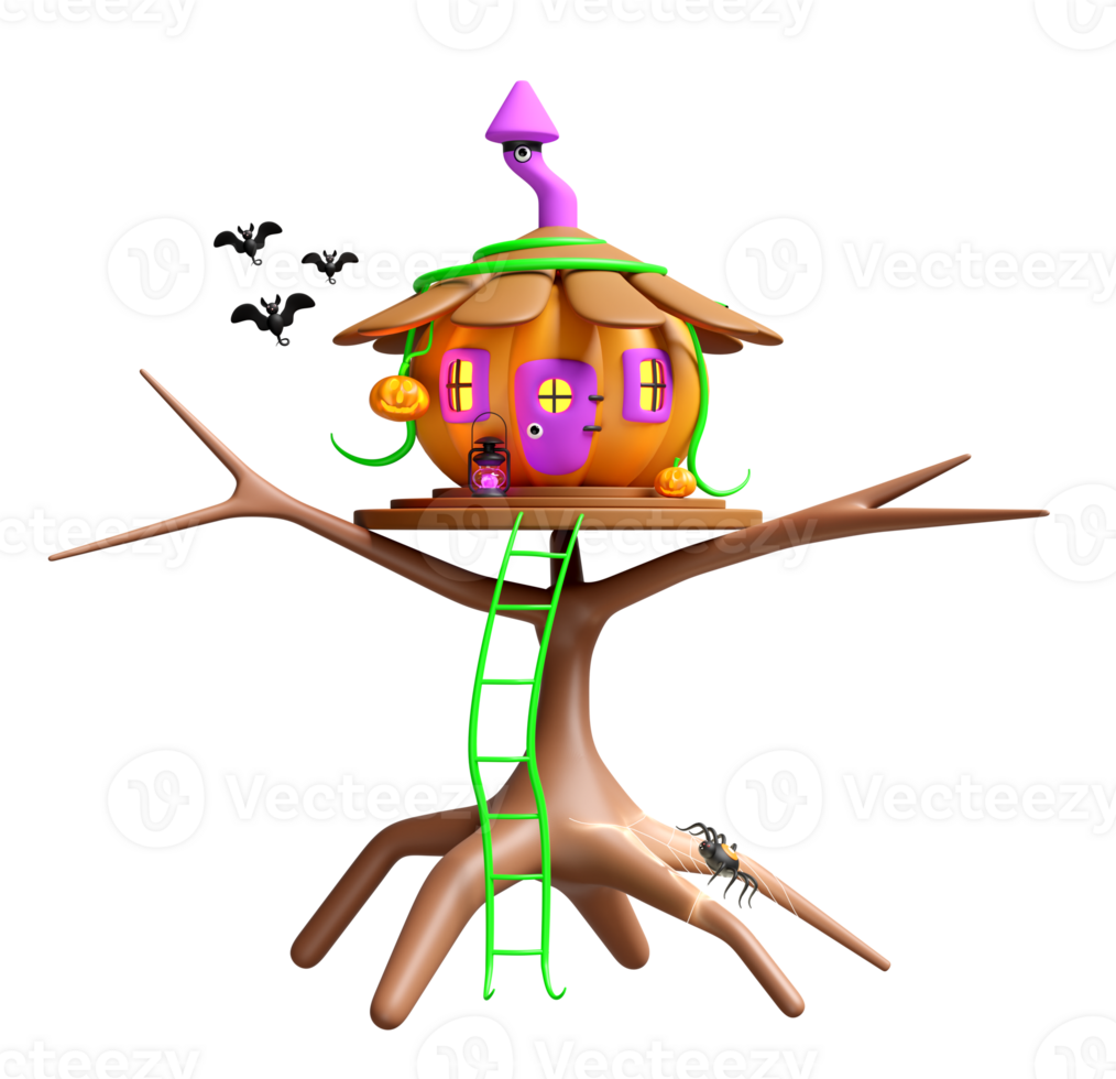 3d halloween holiday party with pumpkin house on tree, spider and spider web, vine ladder, storm lantern, carved pumpkin isolated. 3d render illustration png