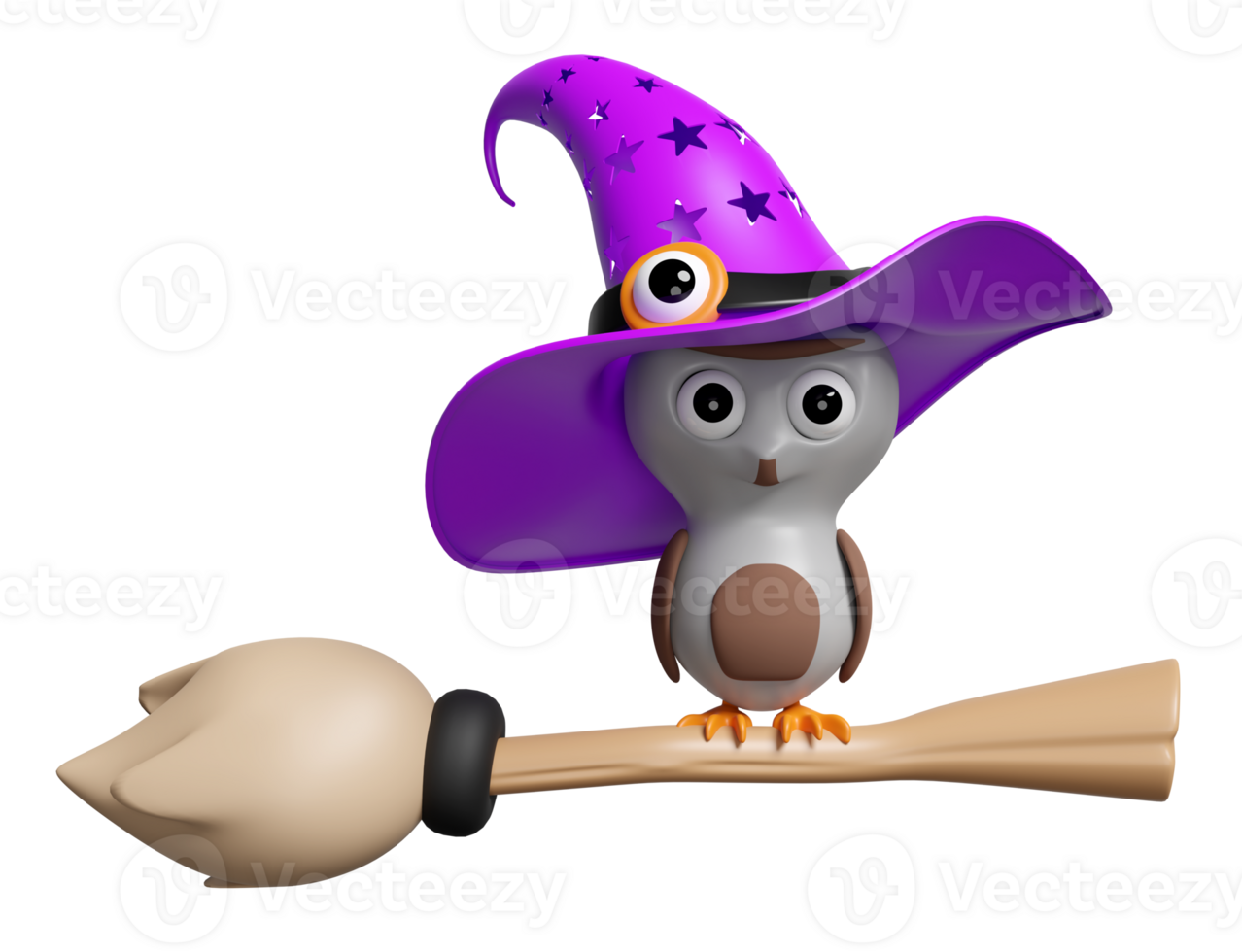 3d halloween dag concept met uil vliegen, heks hoed, toverstaf geïsoleerd. vakantie partij, 3d geven illustratie png