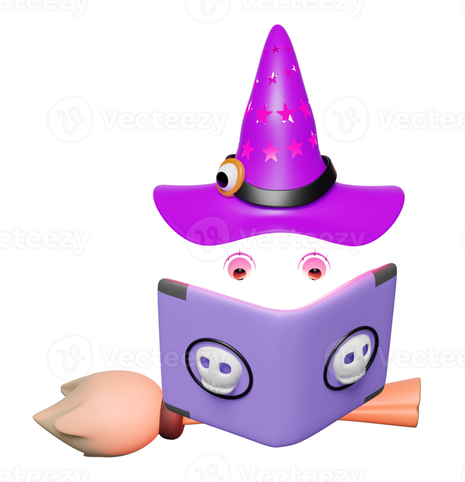 3d halloween day concept with flying witch hat, wand, magic book isolated. holiday party, 3d render illustration png