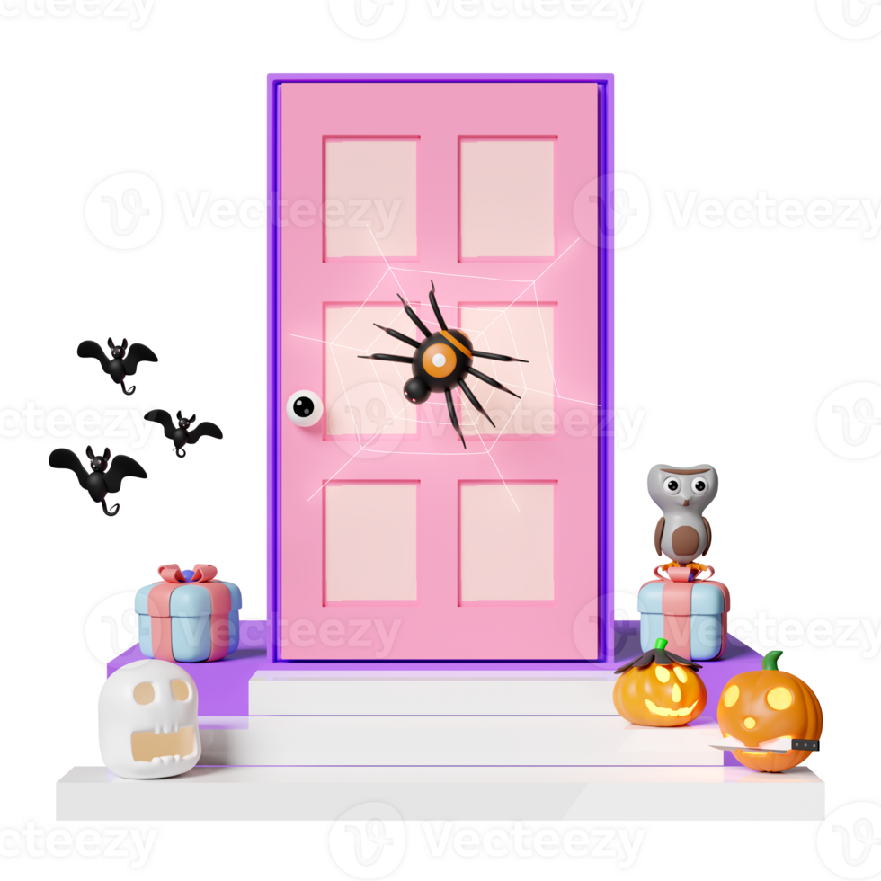 3d halloween holiday party with carved pumpkin, skull, gift box placed on the stairs, spider and spider web on door, bats, cute owl isolated. 3d render illustration png