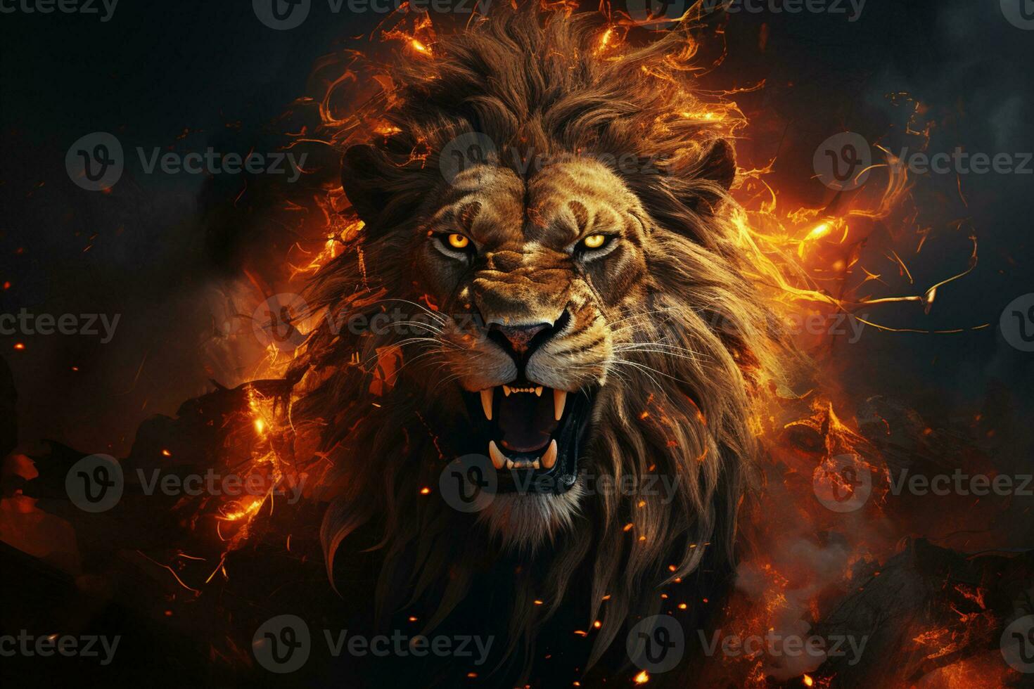 Abstract, artistic lion portrait Fire flames fur, black background Big adult lion with rich mane AI Generated photo