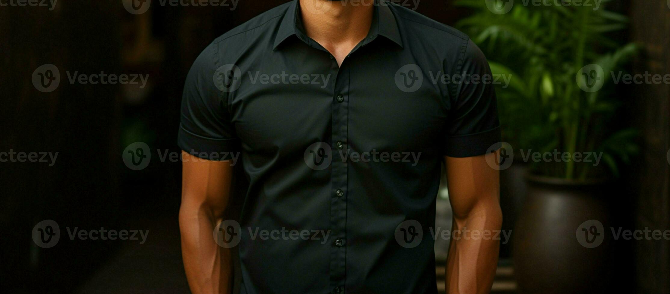 Clean black t-shirt Handsome African-American man, brick wall setting AI Generated photo