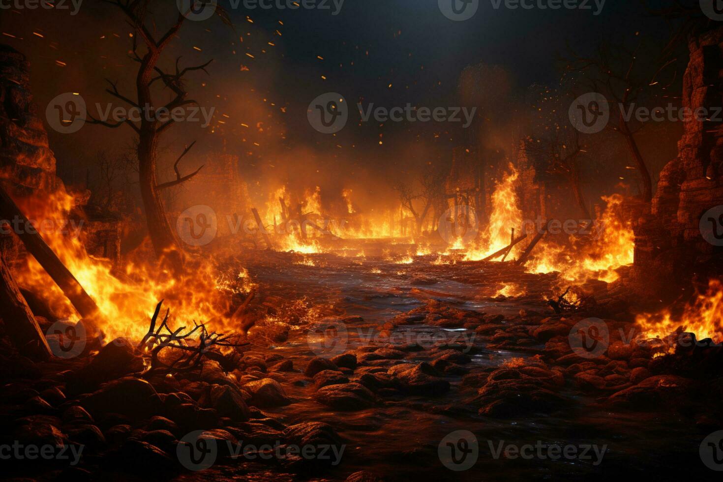 Empty zone near raging fire, Unoccupied space next to flames AI Generated photo
