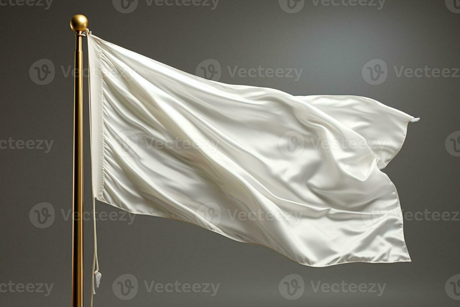 White flag flutters on flagpole, close-up, gray background AI Generated photo