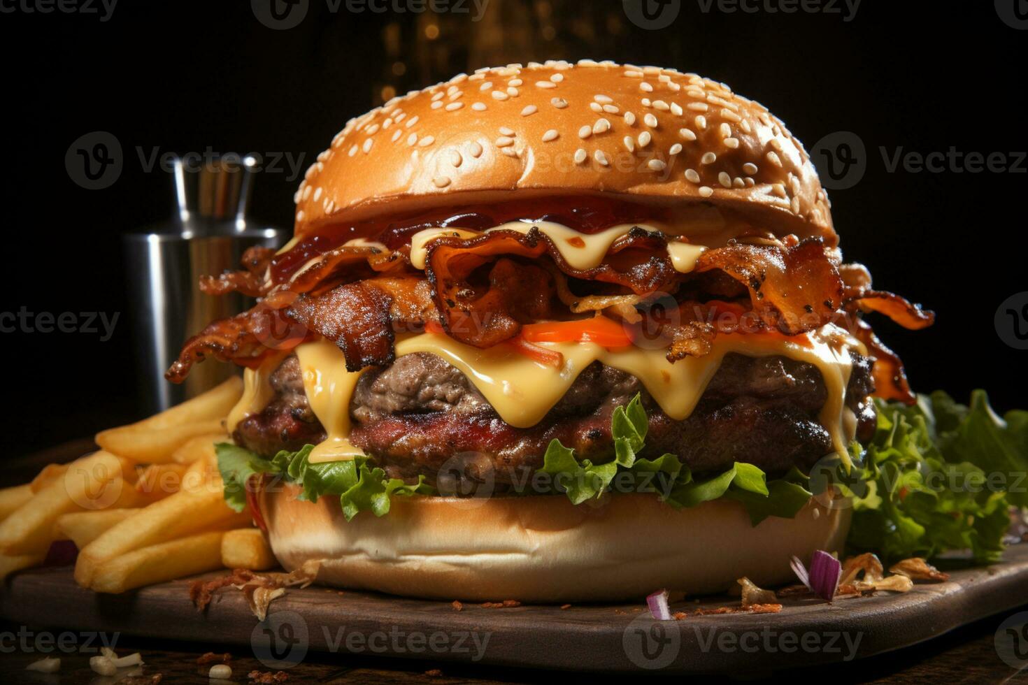 Gourmet delight, pork burger adorned with cheese, bacon, and fries AI Generated photo
