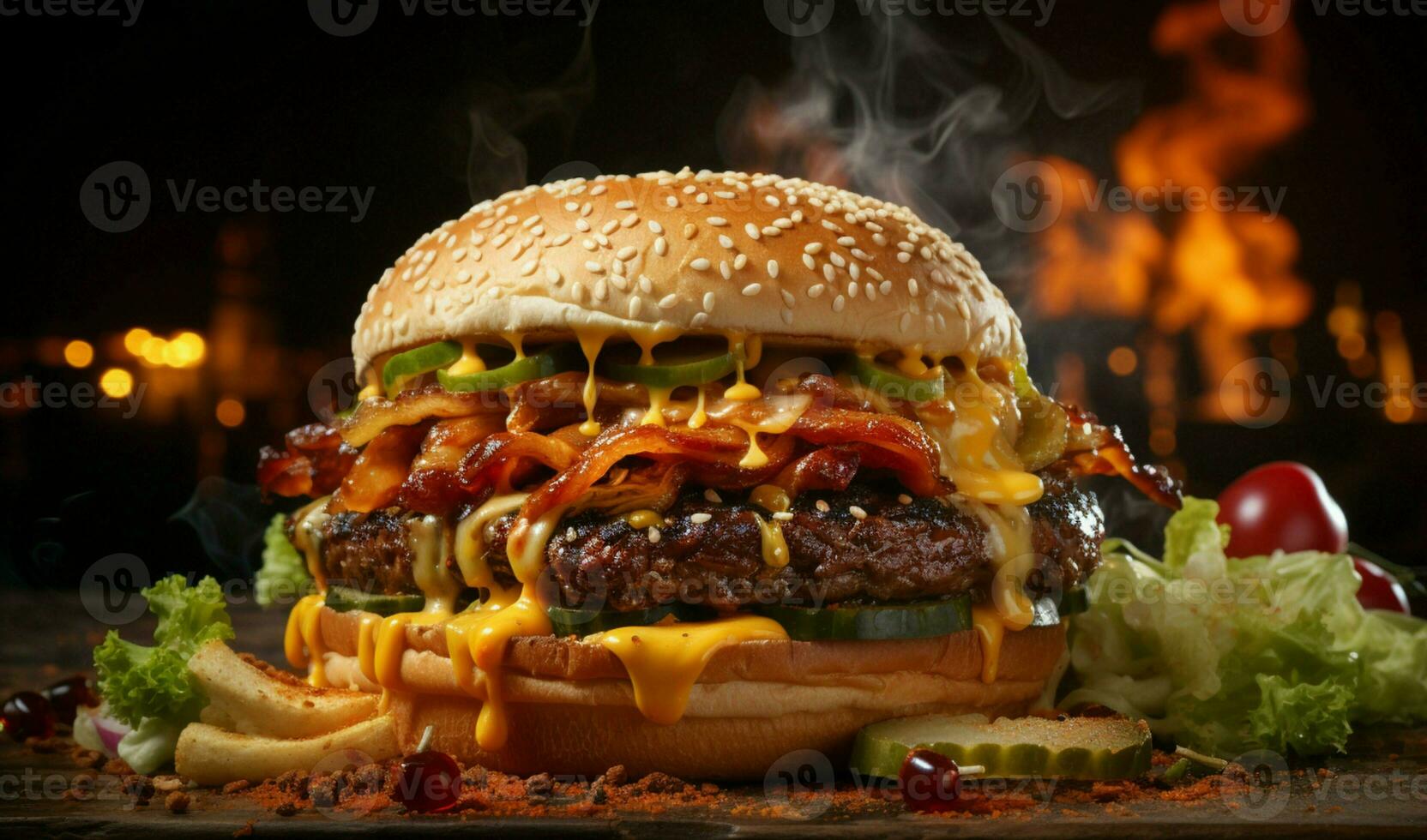 Restaurant favorite, mouthwatering burger grilled to perfection, flames accentuate AI Generated photo