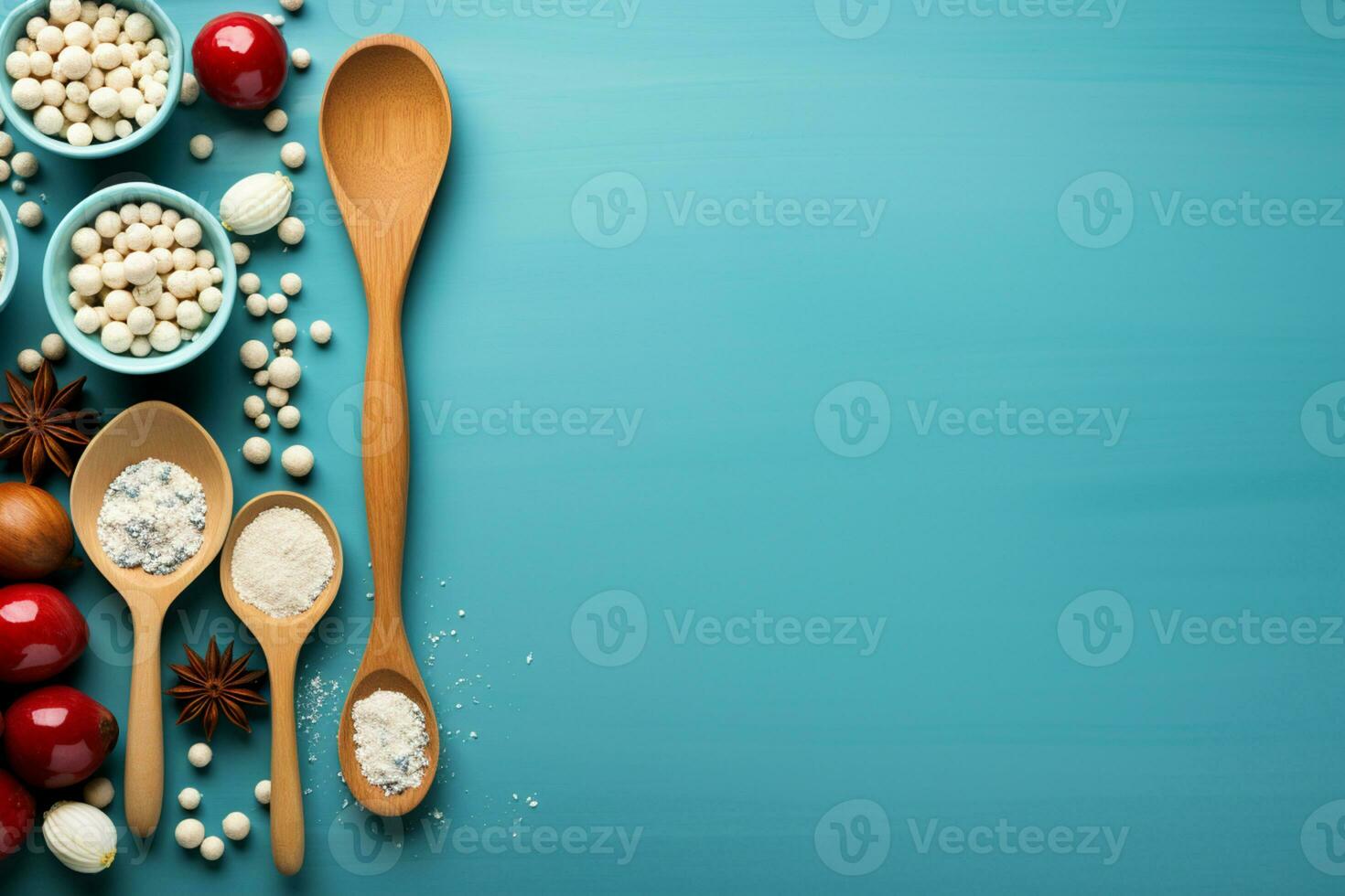 Blue background, flat lay of baking utensils, recipe mockup AI Generated photo