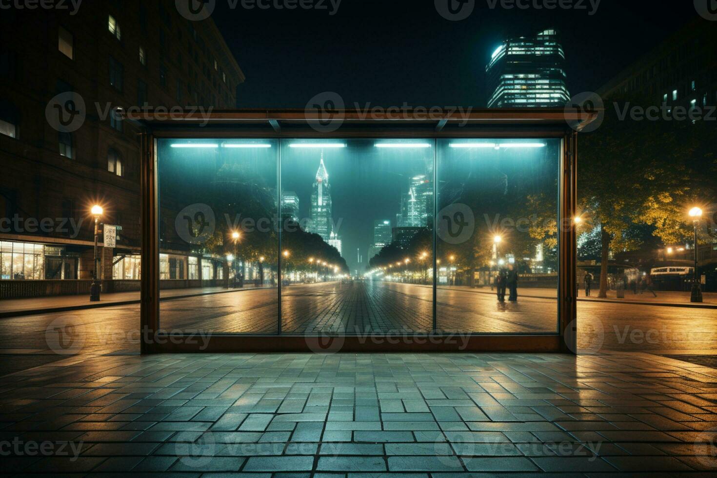 Night bus station, blank light box mockup, city street background AI Generated photo