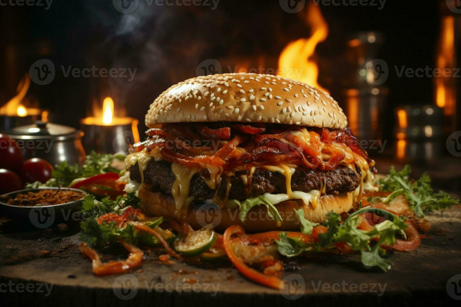 Backyard BBQ vibes, juicy burger grilled to perfection, adorned with flames AI Generated photo