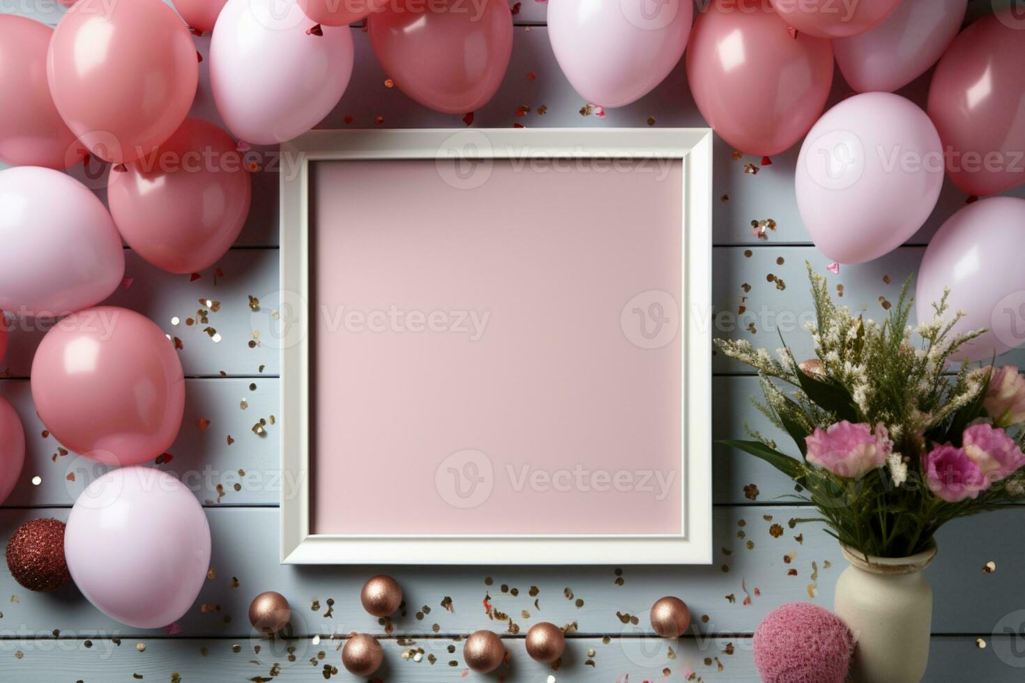 Top view birthday mockup, frame, pastel balloons, confetti, flat lay AI Generated photo