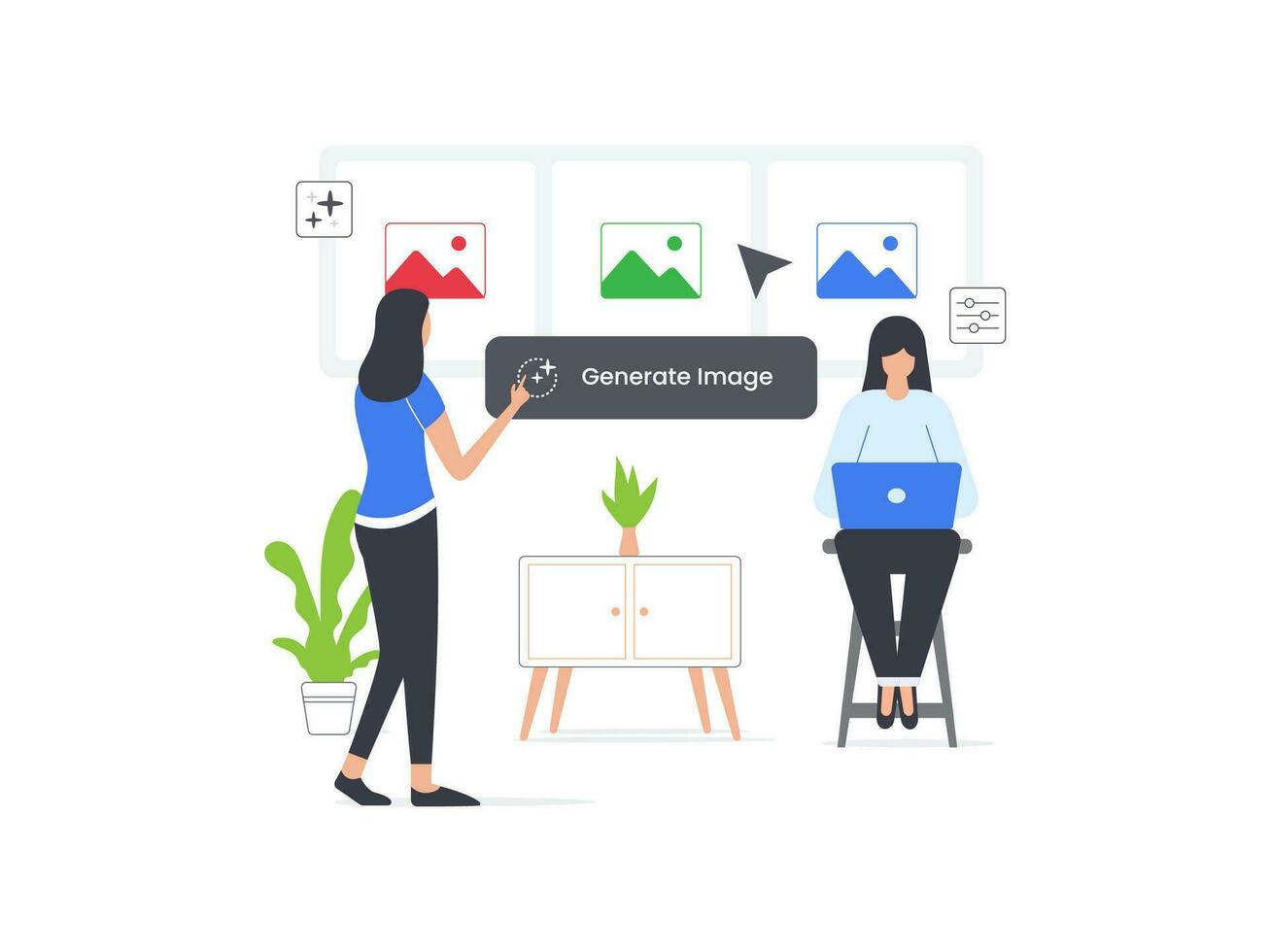 Flat cartoon vector illustration of a woman utilizing generative AI tool to create vibrant marketing assets. Colorful and dynamic visual representation