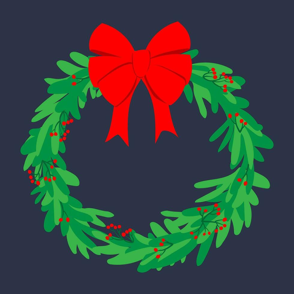 A traditional winter decoration made of evergreen branches and red berries. New Year and Christmas wreath. The greeting symbol. Vector flat illustration.