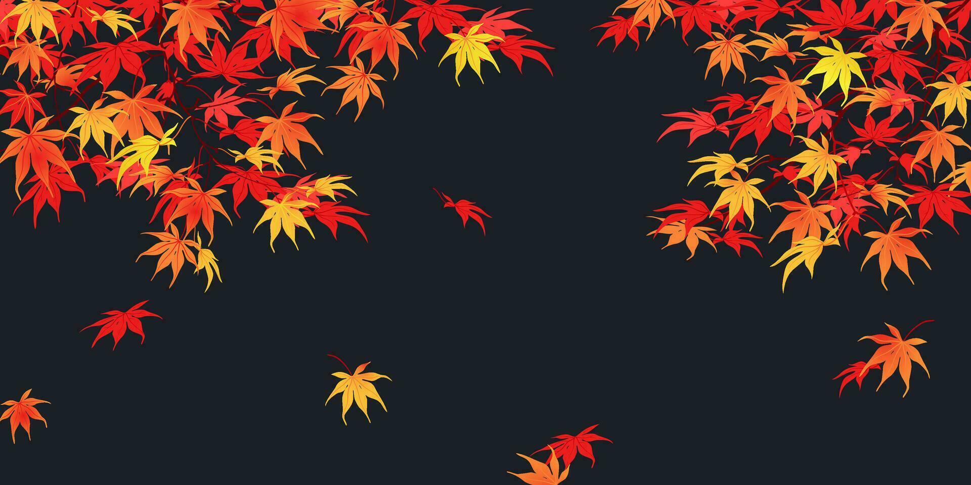 Autumn branches on a black background. The concept of leaf fall. The red leaves of the Japanese maple fall off, fluttering in the wind. Vector illustration.